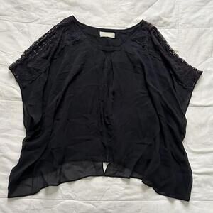 Vintage layered silk black chiffon blouse with open burgundy lace sleeves